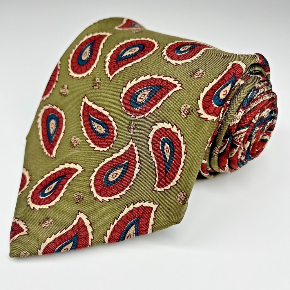 Tommy‎ Hilfiger Italian Silk Men's Necktie Green Burgundy Paisley USA *Flaw